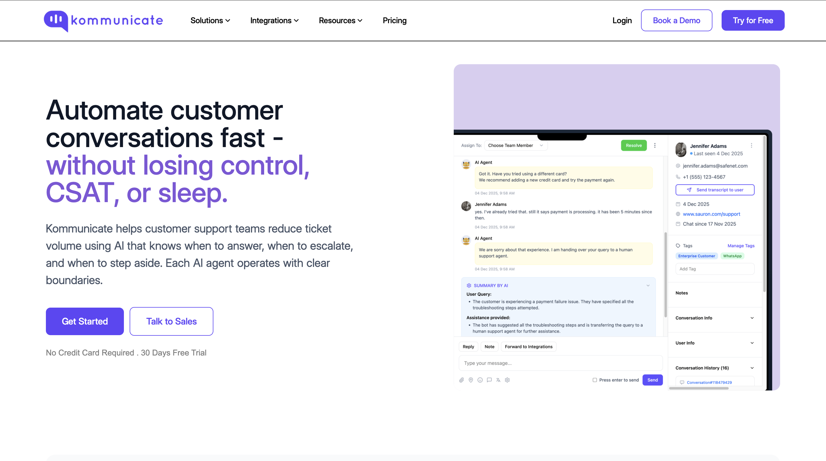 Screenshot of the Kommunicate website homepage showing the hero section with the headline “Automate customer conversations fast – without losing control, CSAT, or sleep,” a product interface preview on the right, and “Get Started” and “Talk to Sales” buttons.